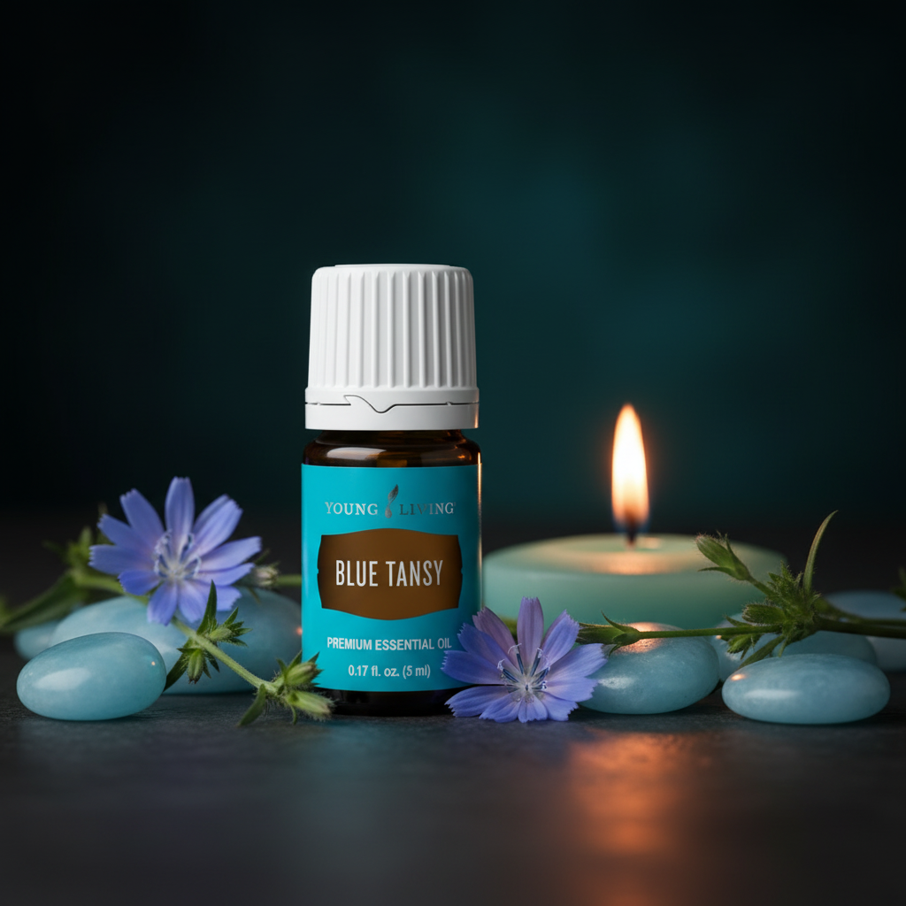 Young Living Blue Tansy Essential Oil with meditation stones