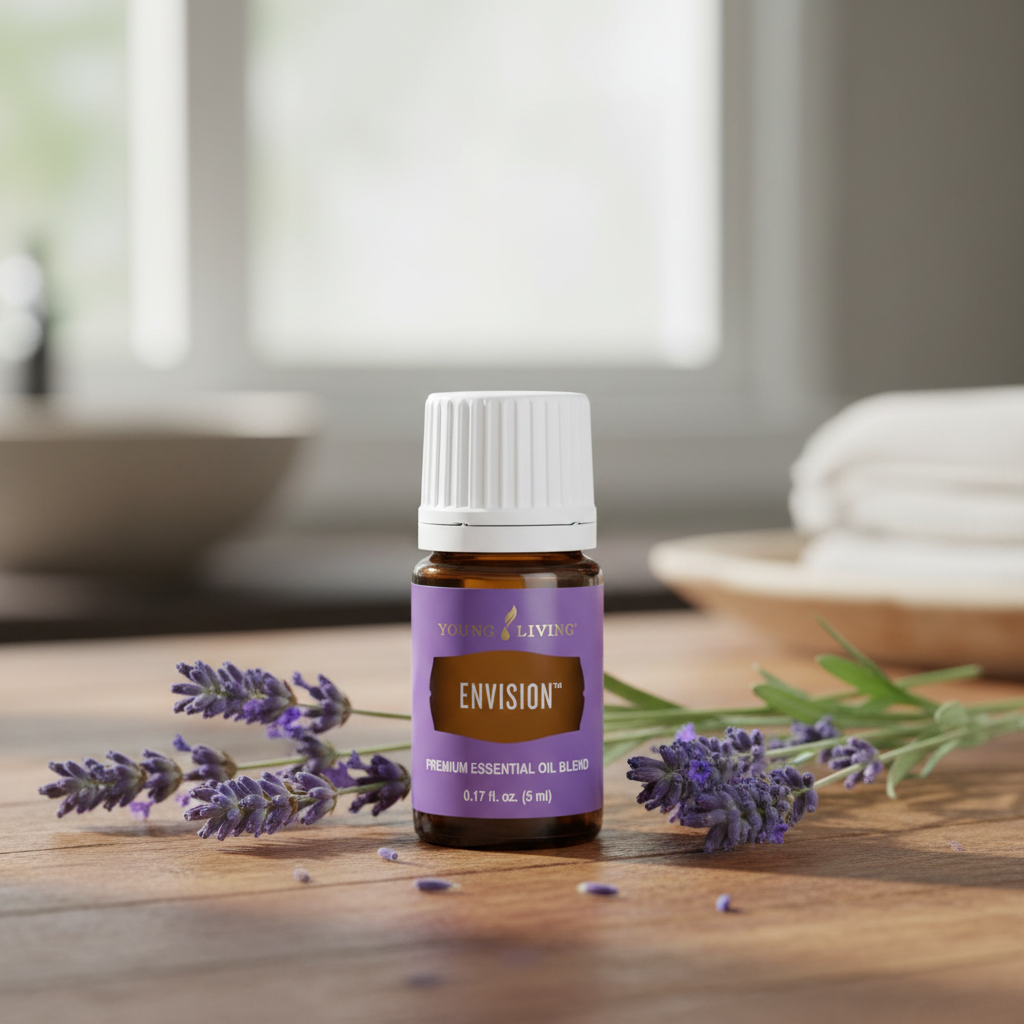 Young Living Envision oil bottle on wooden surface with lavender