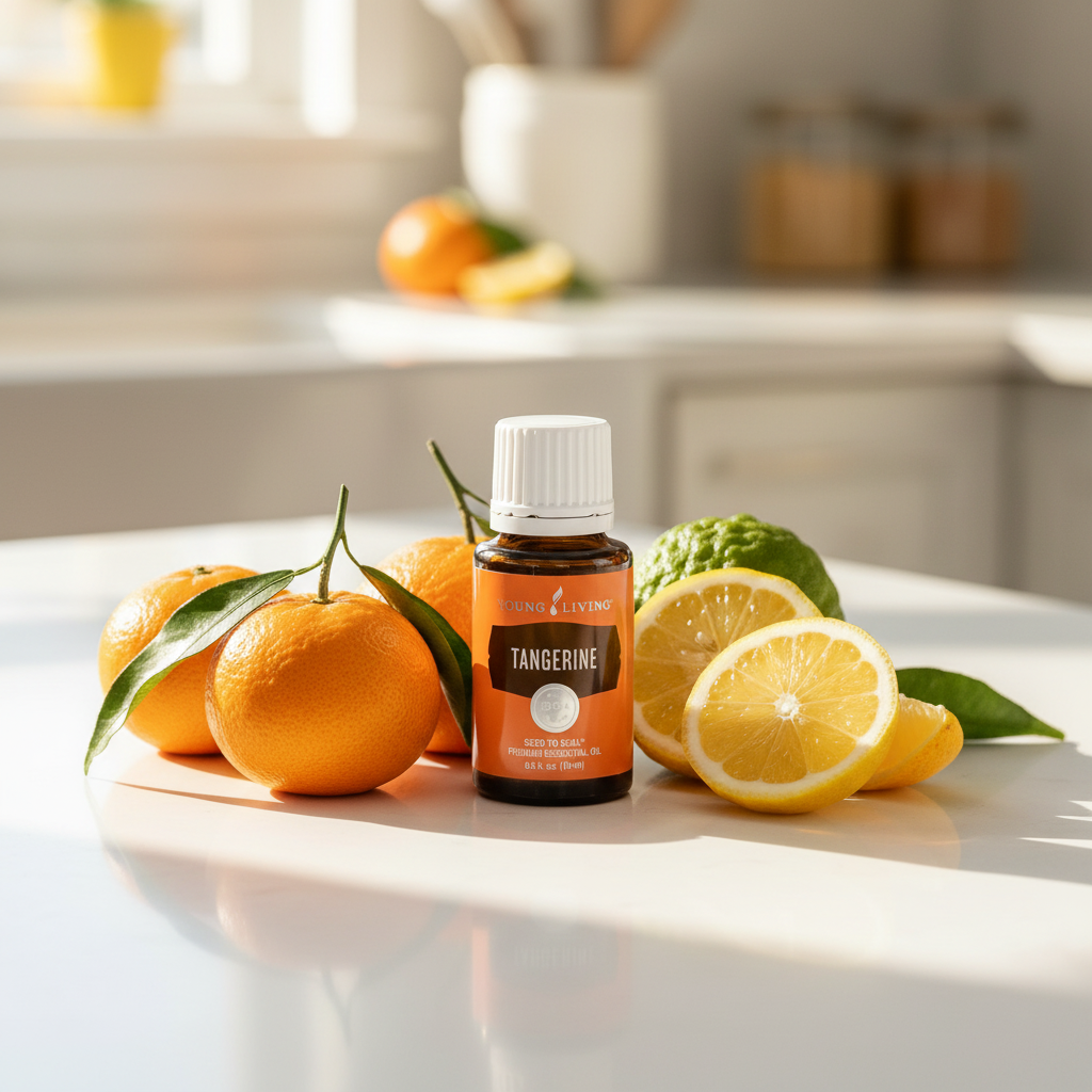 Tangerine essential oil on kitchen counter with tangerines, bergamot and lemon in morning light