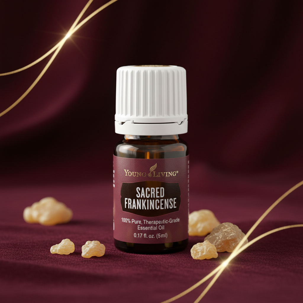 Sacred Frankincense oil on burgundy velvet with gold accents