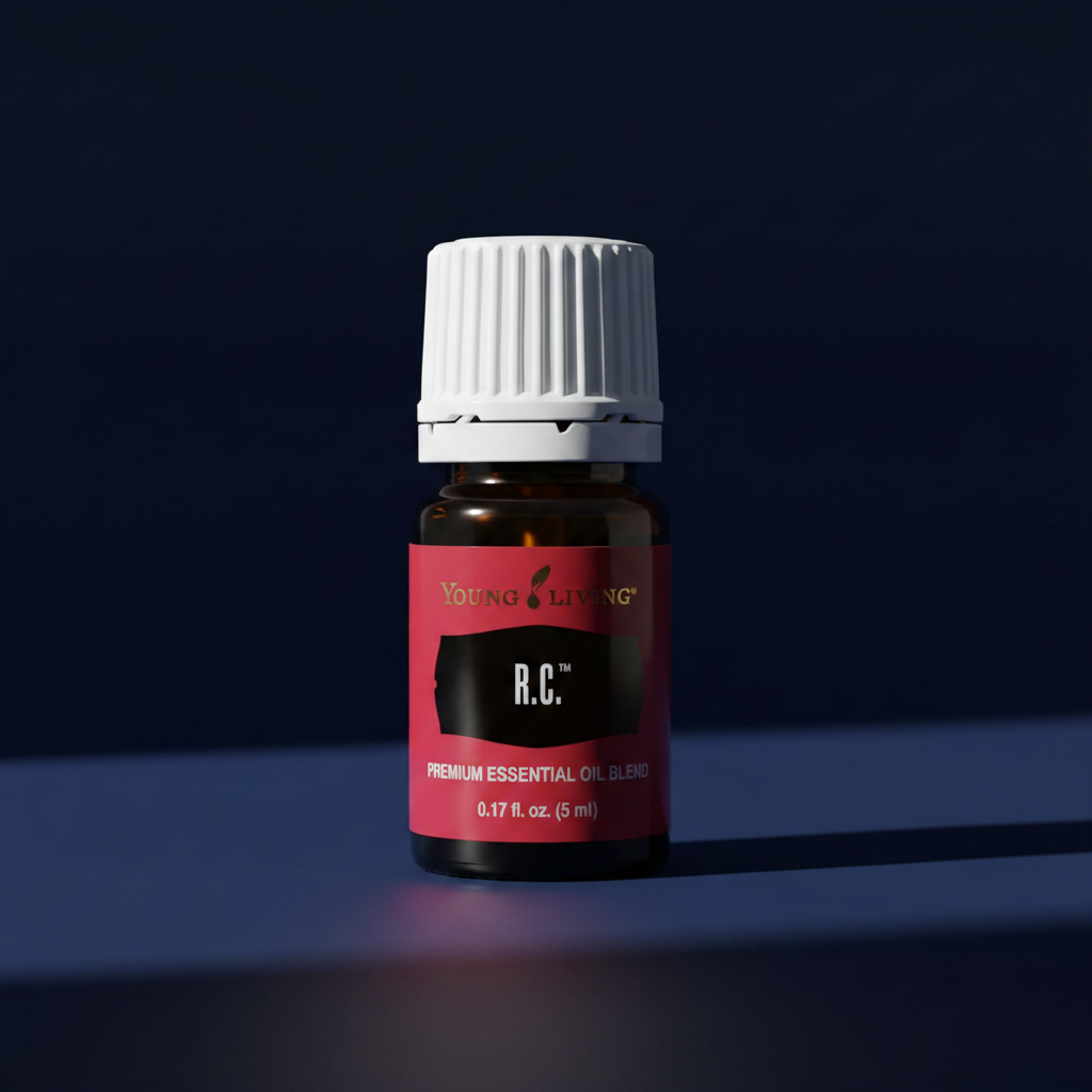 R.C. essential oil on bold navy blue dramatic background