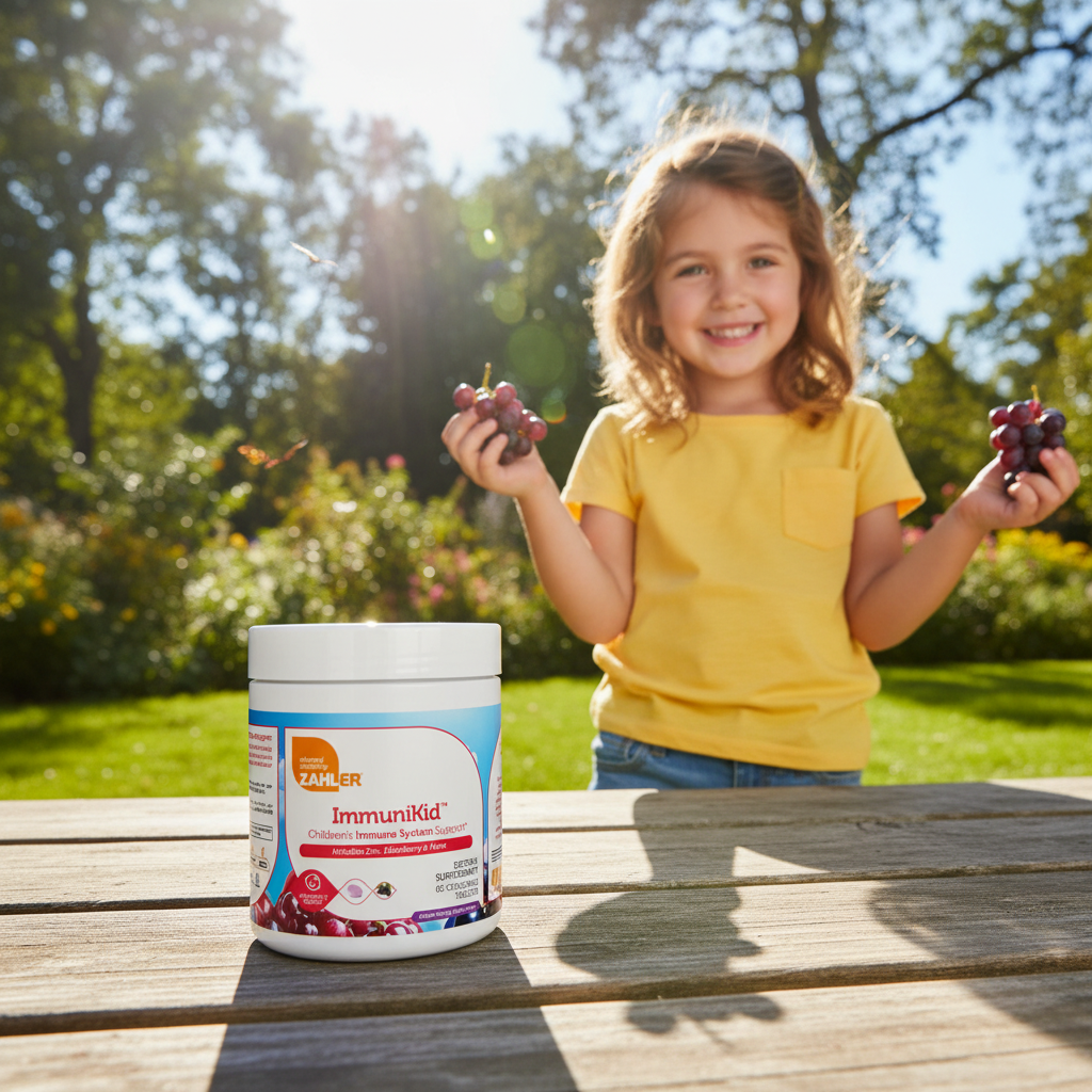 Happy healthy child smiling outdoors with ImmuniKid