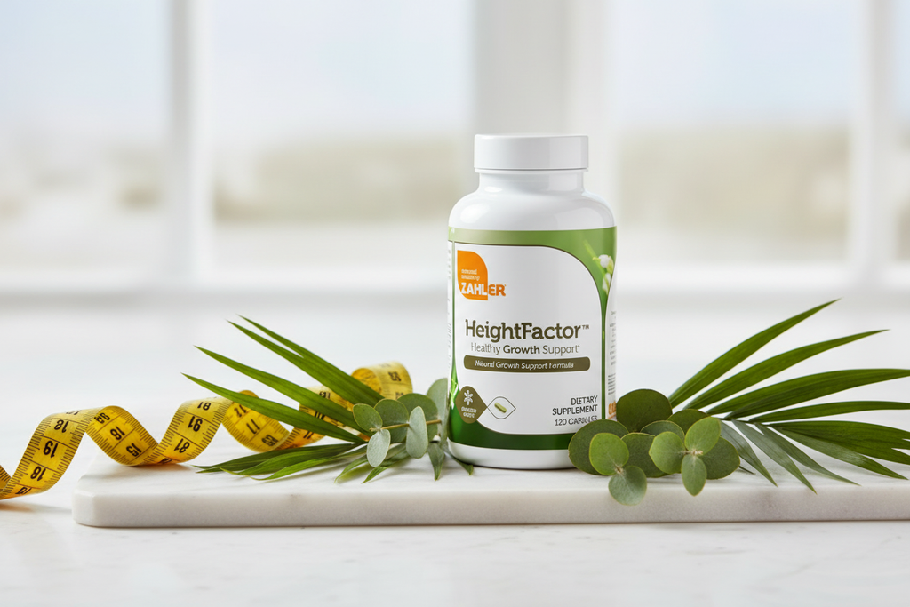 Zahler HeightFactor bottle with measuring tape and botanical leaves lifestyle photo