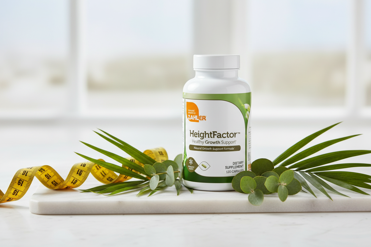 Zahler HeightFactor bottle with measuring tape and botanical leaves lifestyle photo