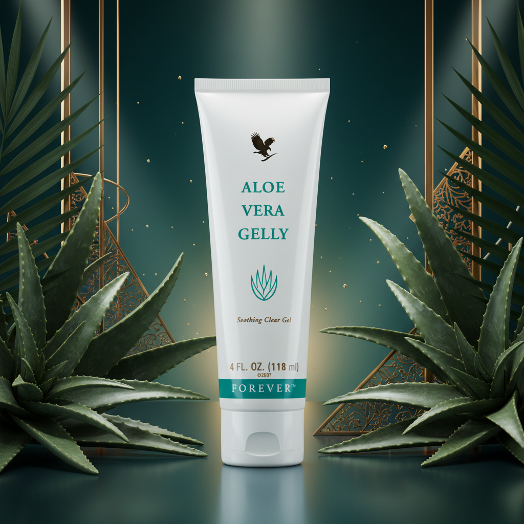 Forever Aloe Vera Gelly on deep teal and gold background