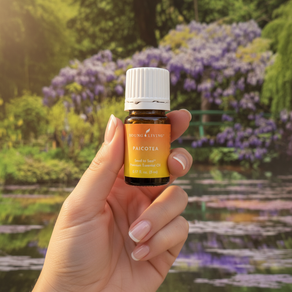 Paicotea essential oil held in hand with tropical garden background