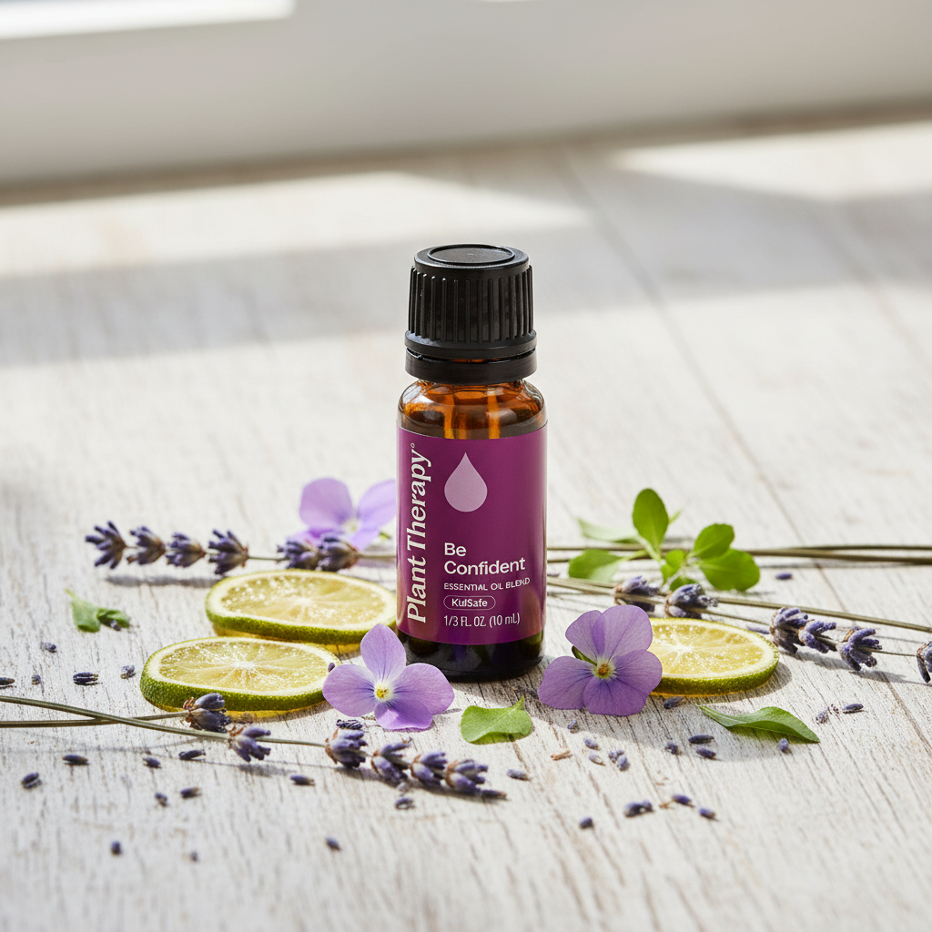 Plant Therapy Be Confident Essential Oil Blend with lavender and bergamot on wood