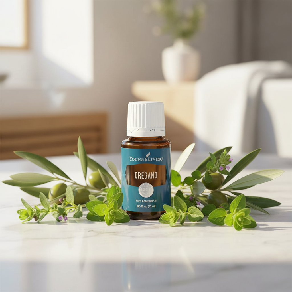 Oregano essential oil on marble with fresh oregano sprigs and golden sunlight