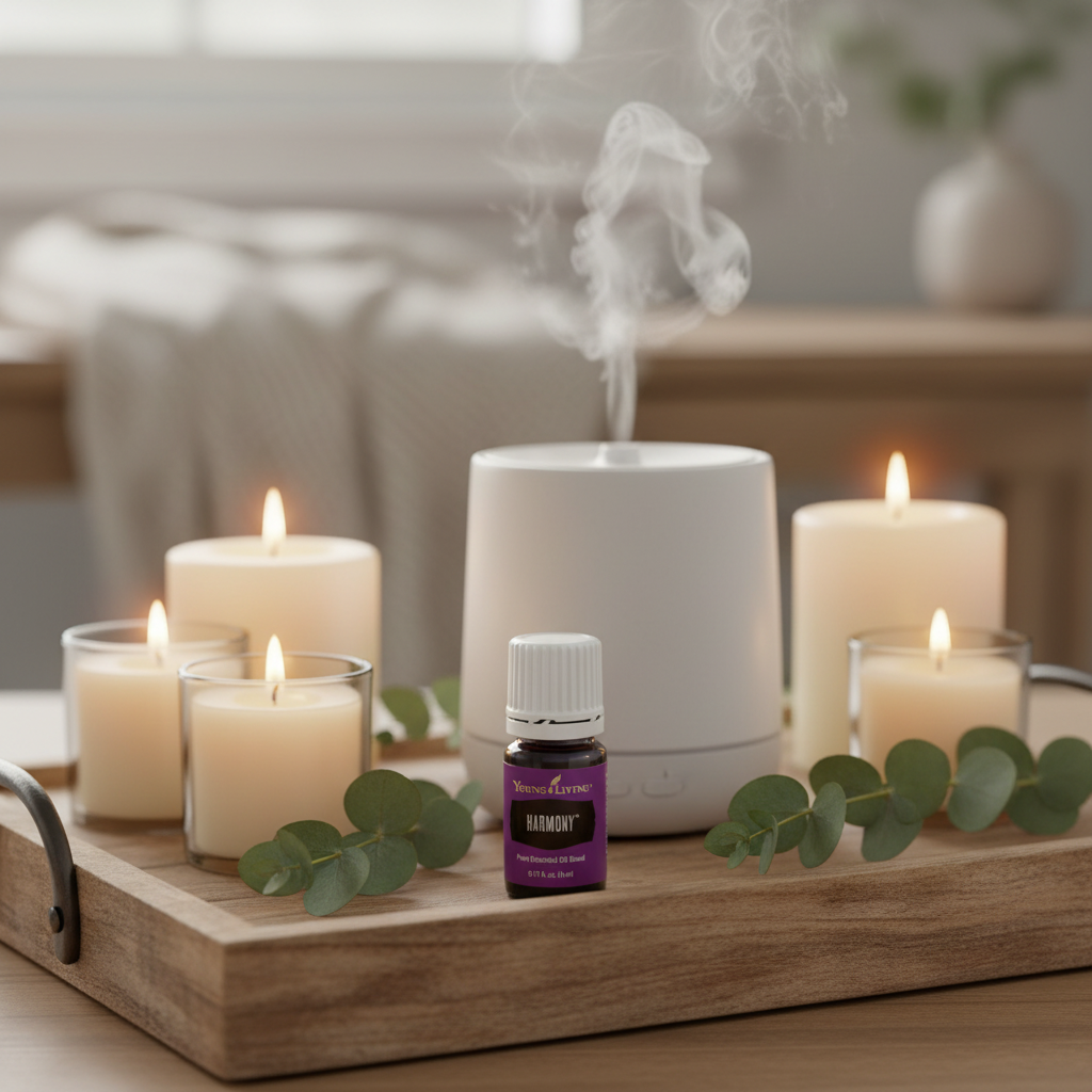 Young Living Harmony essential oil next to white ceramic diffuser with candles and eucalyptus