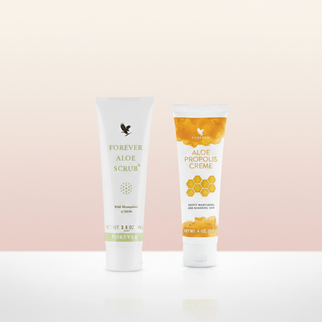 Forever Aloe Scrub and Propolis Creme on pastel cream and blush