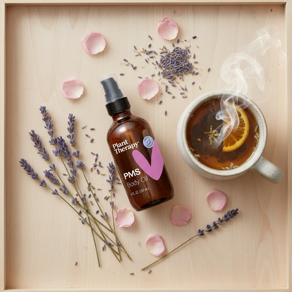 Plant Therapy PMS Body Oil flat lay on wooden tray with lavender and rose petals