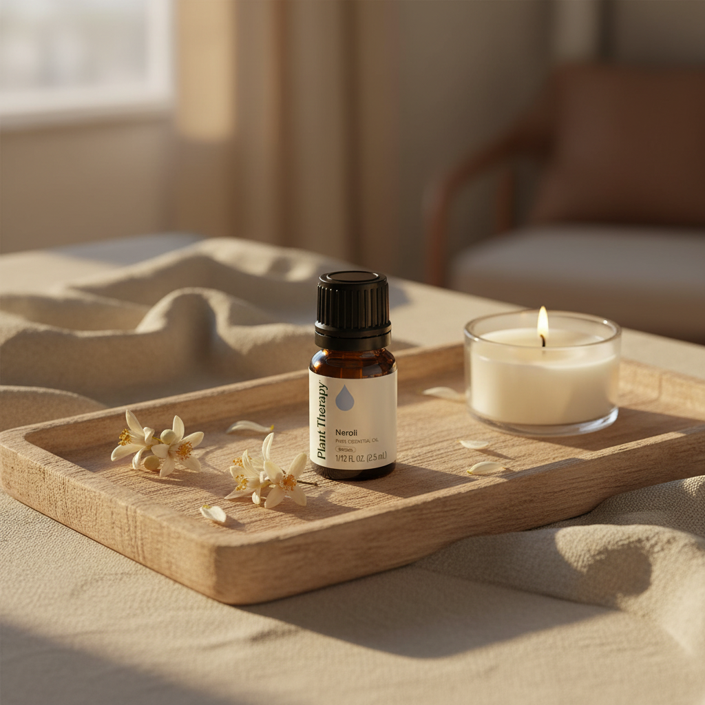 Plant Therapy Neroli Essential Oil on wooden tray with dried blossoms and candle