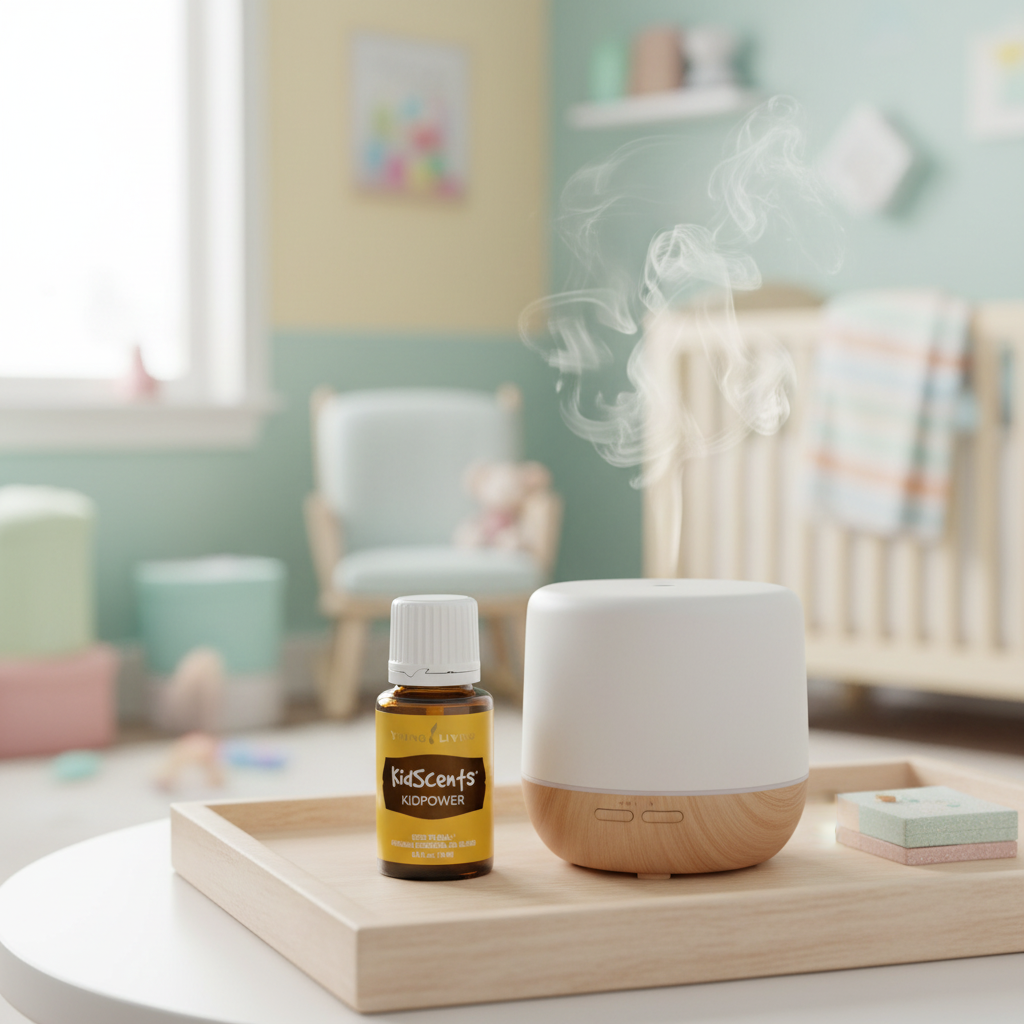 KidPower essential oil on wooden tray with diffuser in nursery