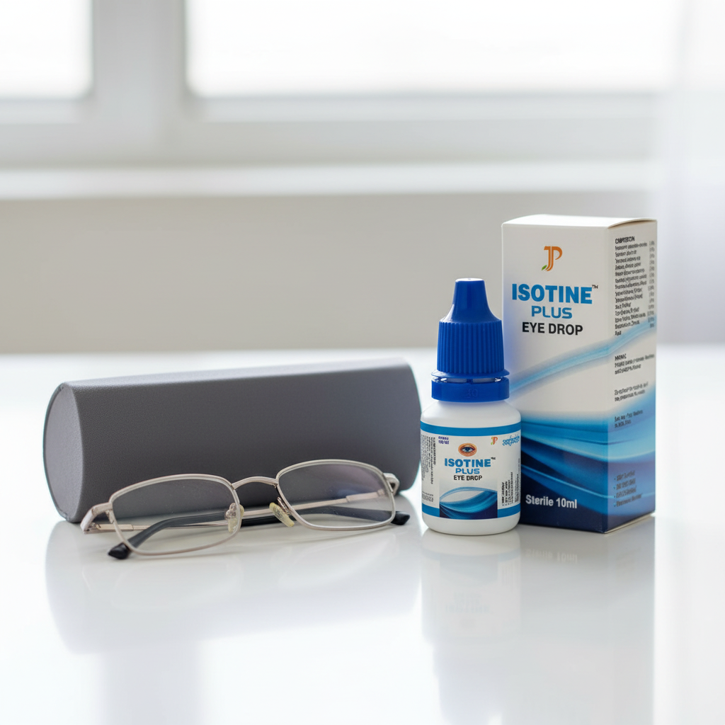 Isotine Plus Eye Drop bottle and box beside eyeglasses