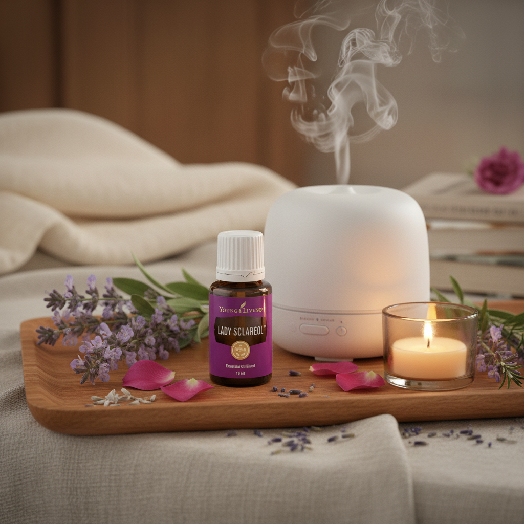 Lady Sclareol essential oil next to diffuser with rose petals and feminine botanicals