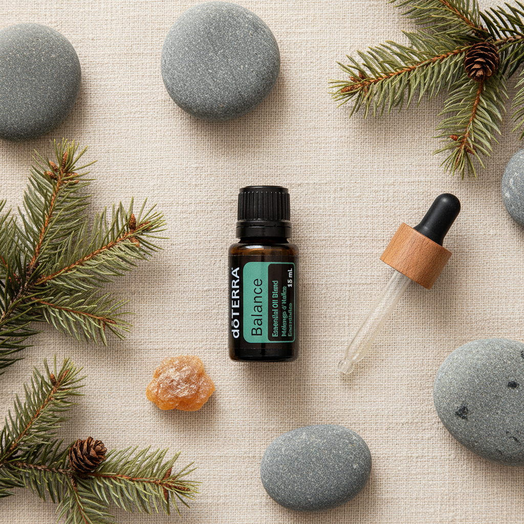 doTERRA Balance flatlay with smooth stones spruce sprigs and frankincense resin on cream linen