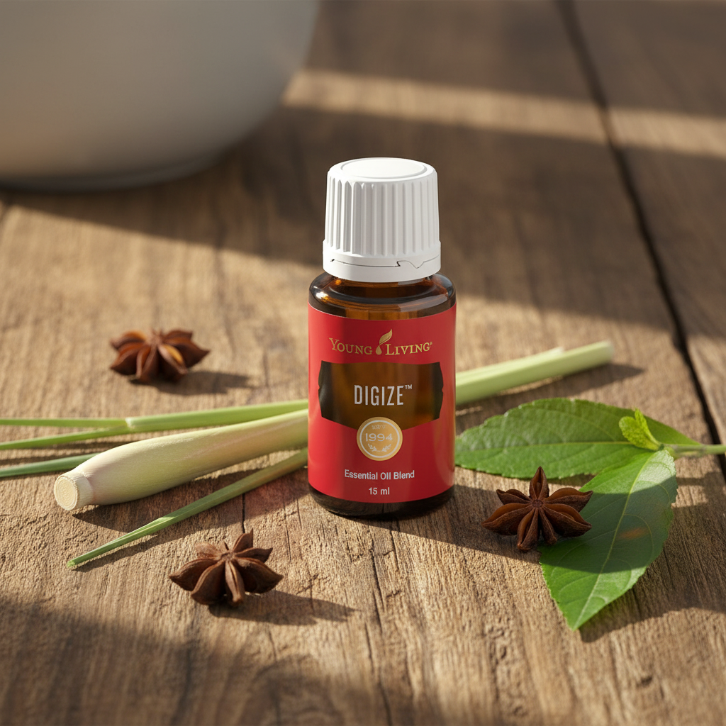 DiGize essential oil on rustic kitchen surface with lemongrass, anise and patchouli