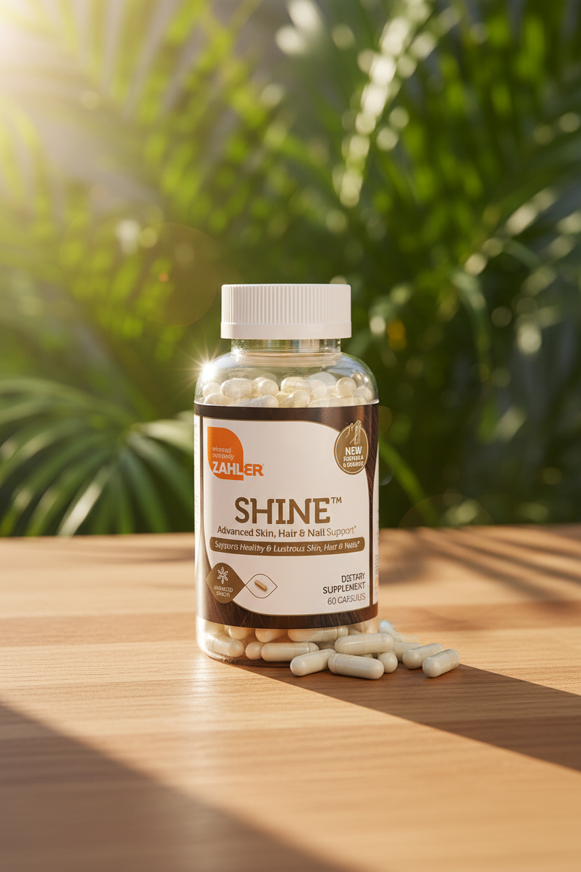 Zahler SHINE bottle on warm oak wood with tropical leaves and golden hour sunlight