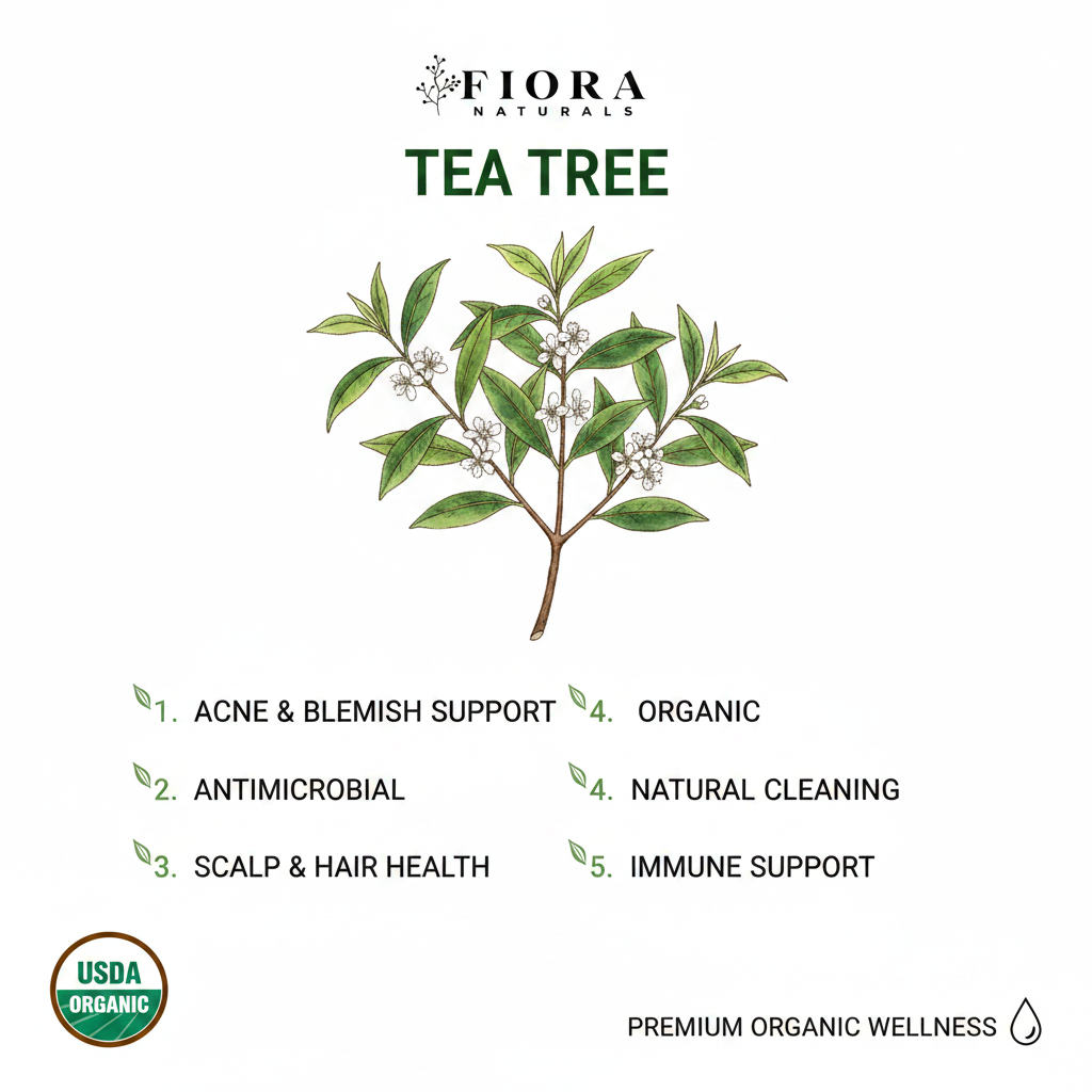 Fiora Naturals Tea Tree Essential Oil – Benefits Infographic
