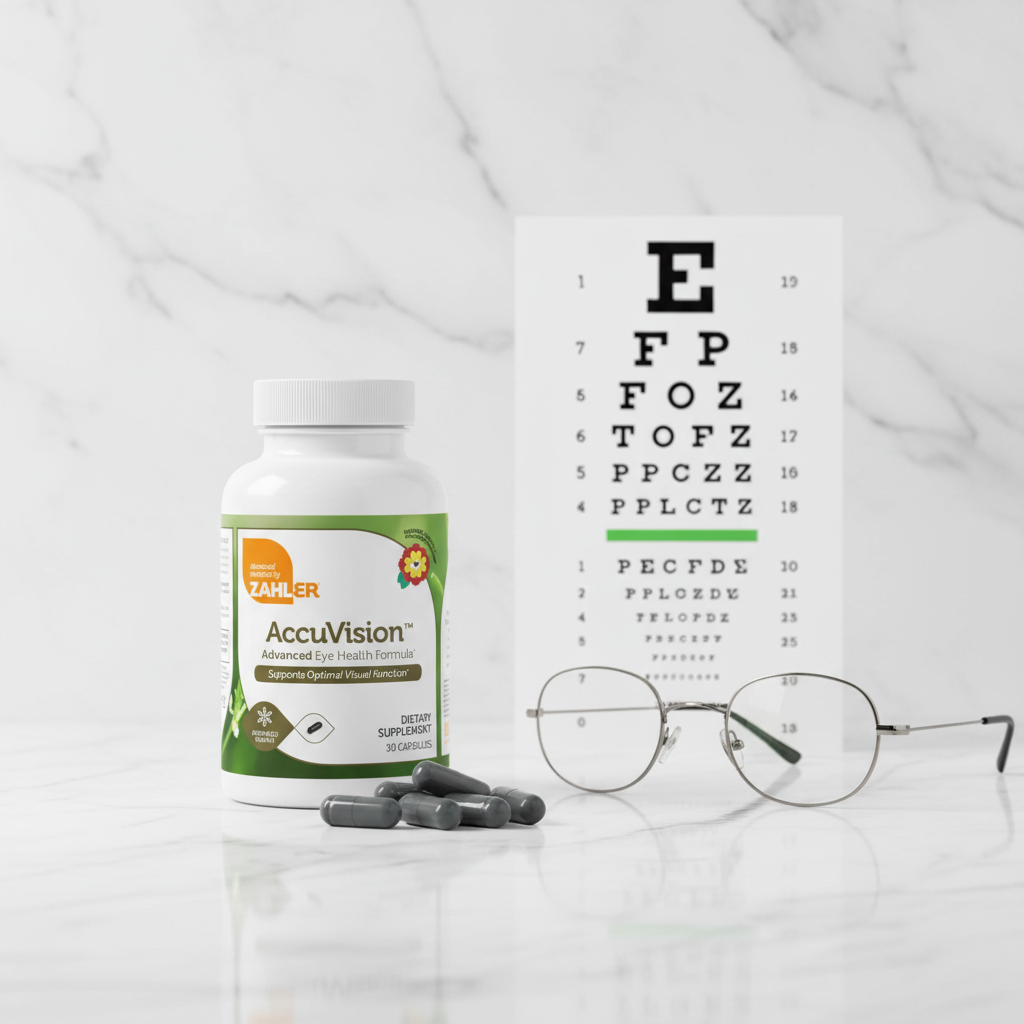 Zahler AccuVision bottle with eye chart and reading glasses