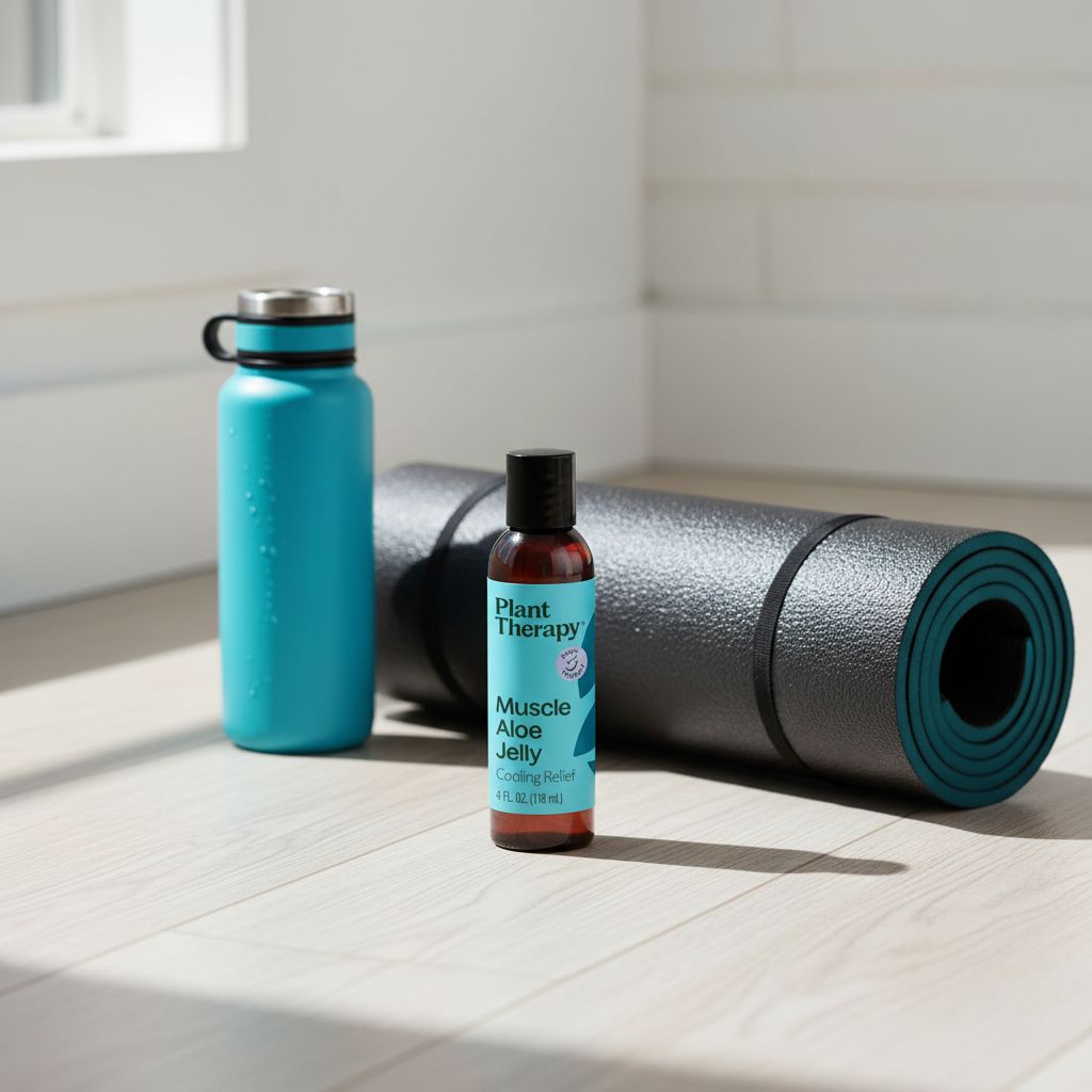Plant Therapy Muscle Aloe Jelly beside yoga mat foam roller and water bottle