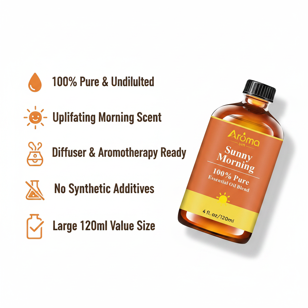 Key benefits infographic for Sunny Morning Essential Oil