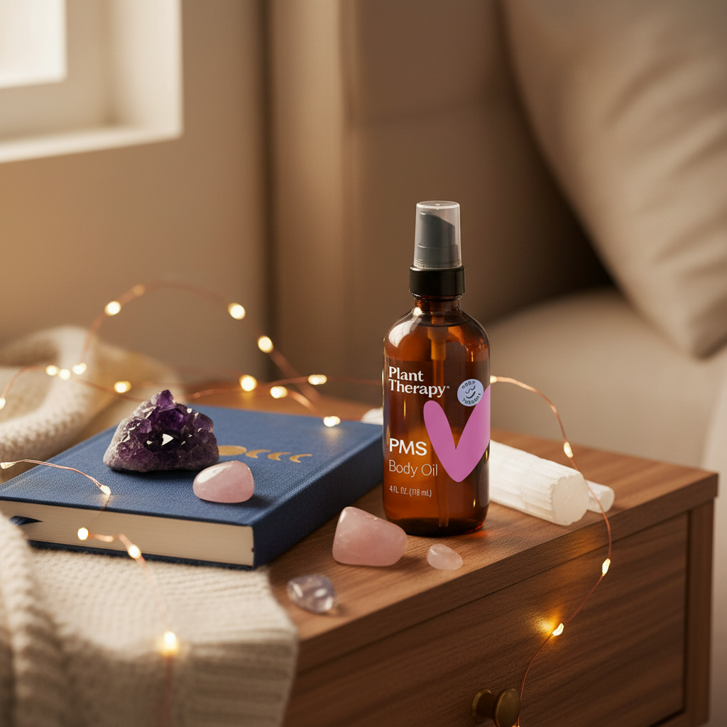 Plant Therapy PMS Body Oil on nightstand with journal, crystals and fairy lights