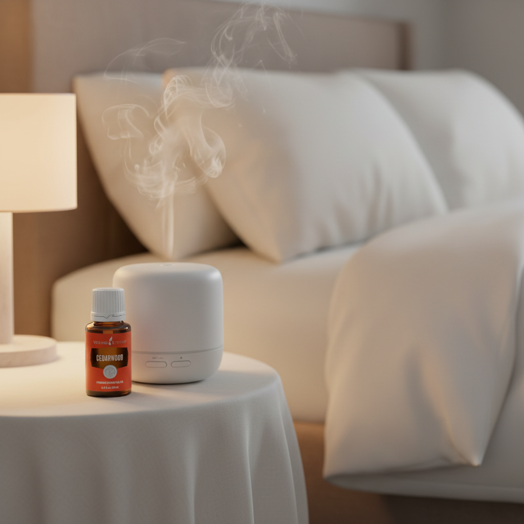 Cedarwood oil on bedroom nightstand with diffuser for sleep