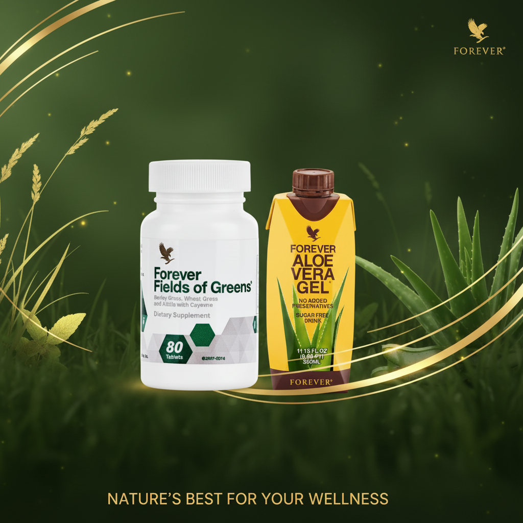 Forever Fields of Greens and Aloe Vera Gel on deep forest green and gold