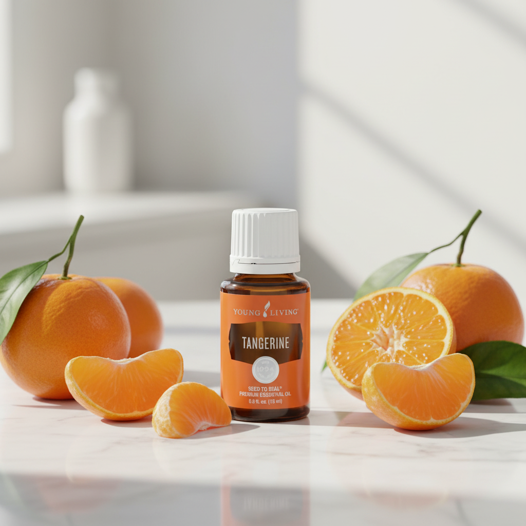 Tangerine essential oil on marble with fresh tangerines and slices in warm light