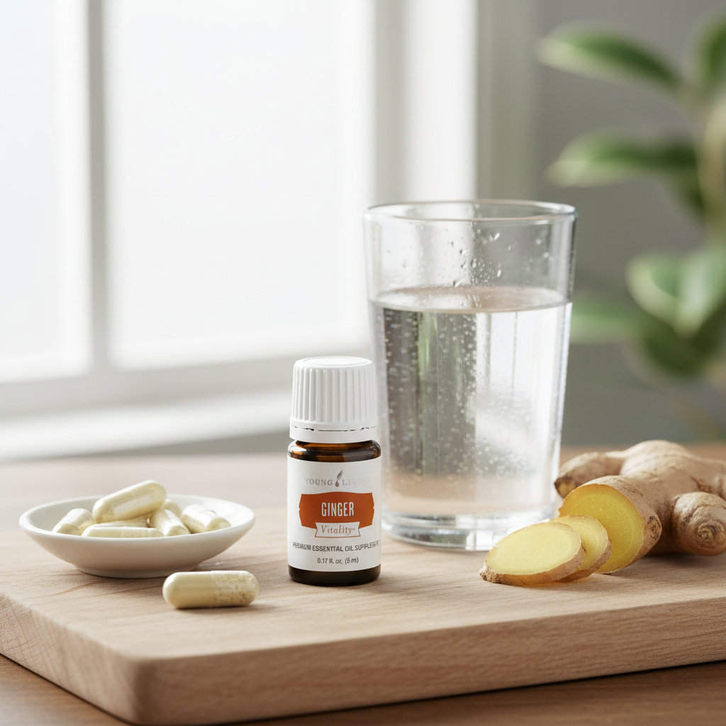Ginger Vitality bottle on wellness tray with veggie capsules and fresh ginger root