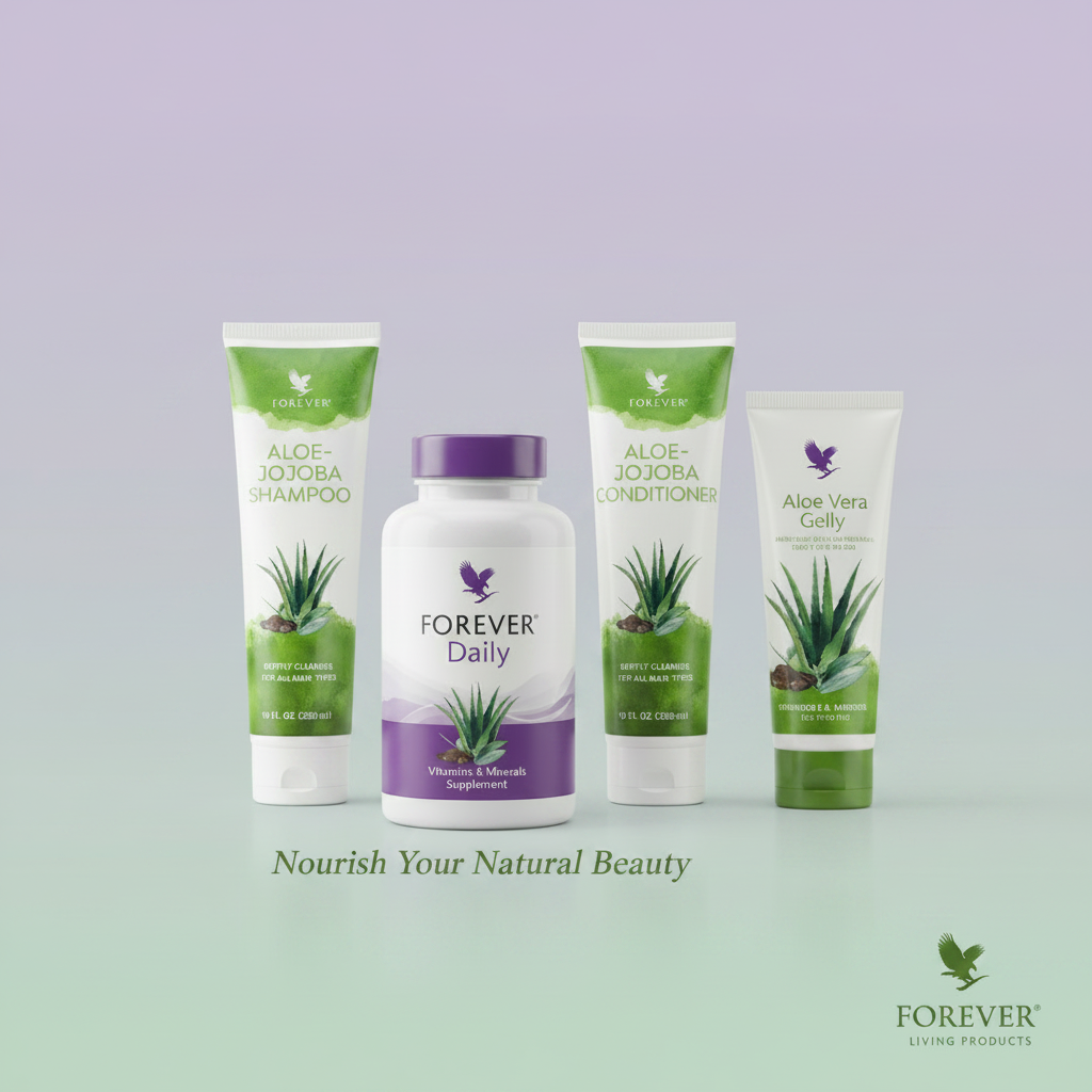 Forever Living natural beauty collection on pastel lavender and mint background