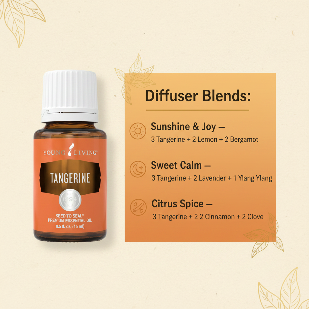 Tangerine diffuser blends infographic - Sunshine and Joy, Sweet Calm, Citrus Spice