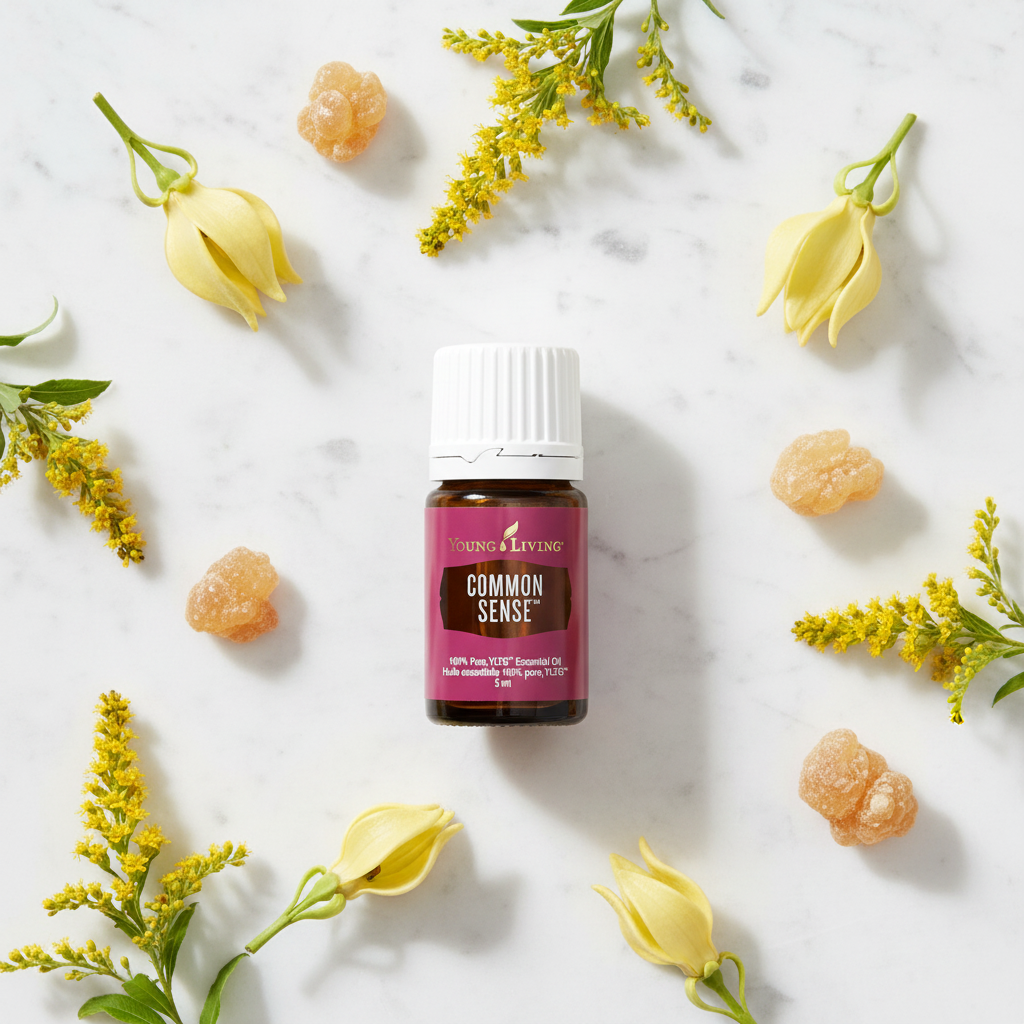For Emotional Balance & Focus — Common Sense bottle flat lay with frankincense and ylang ylang botanicals