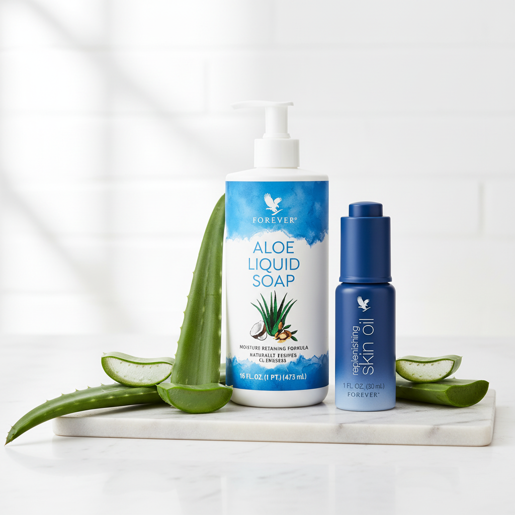 Seborrhea treatment set on marble surface with aloe leaves