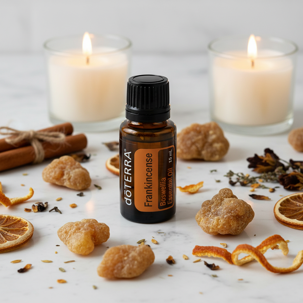 doTERRA Frankincense Essential Oil on marble with Boswellia resin and candlelight