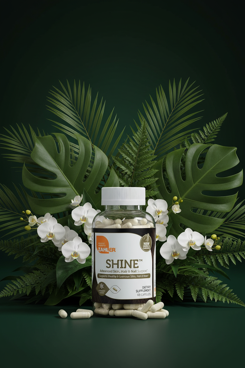 Zahler SHINE bottle against dark forest green background with tropical leaves and white flowers