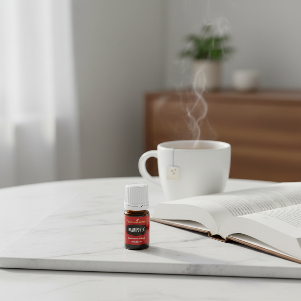 Brain Power essential oil with book and tea on marble