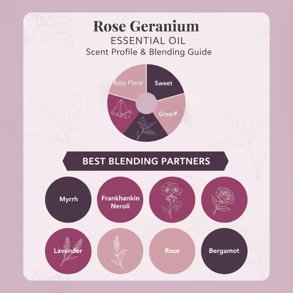 Edens Garden Rose Geranium Essential Oil scent profile and blending guide infographic