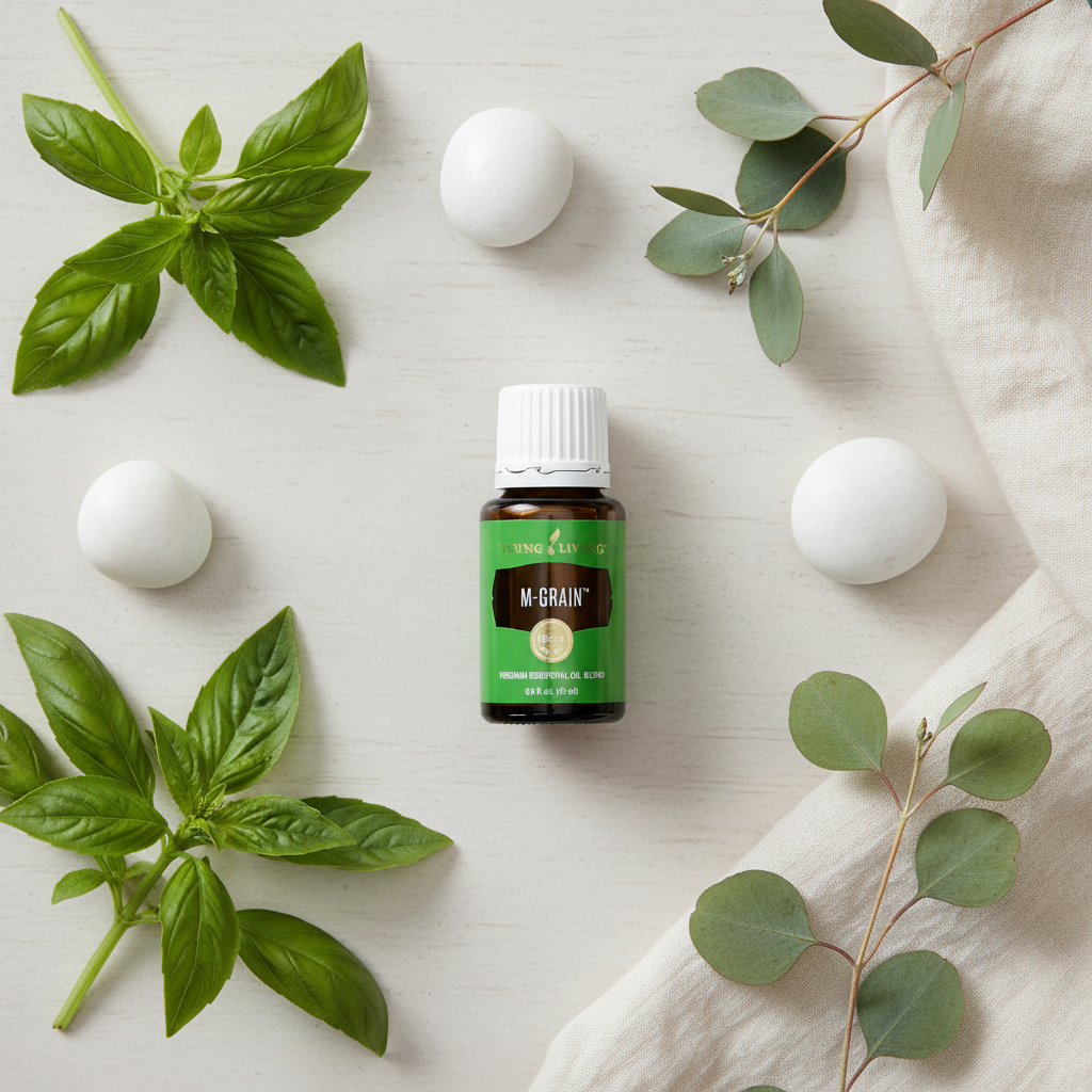 M-Grain essential oil botanical flat lay