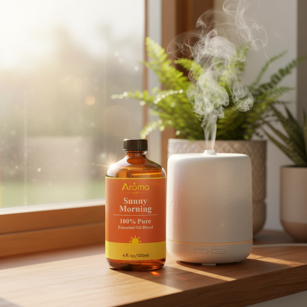 Sunny Morning bottle beside diffuser on bright windowsill