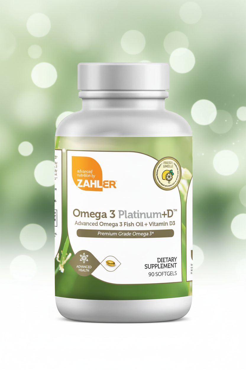 Zahler Omega 3 Platinum+D bottle close-up portrait shot
