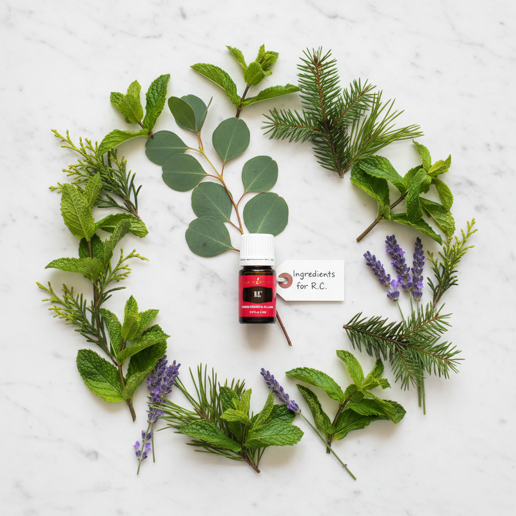 Eucalyptus, pine, peppermint and lavender ingredients flat lay - what R.C. is made from