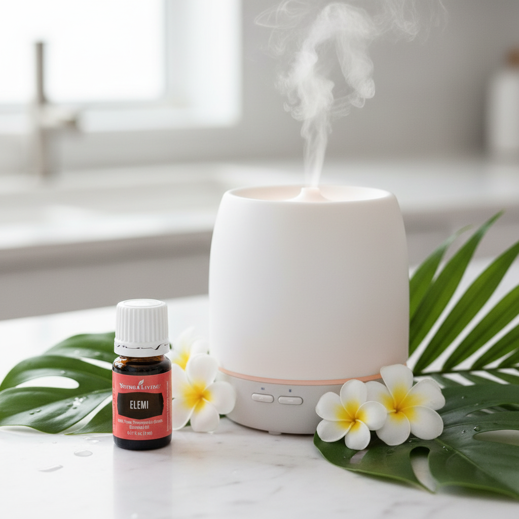 Elemi oil beside diffuser on marble with tropical flowers