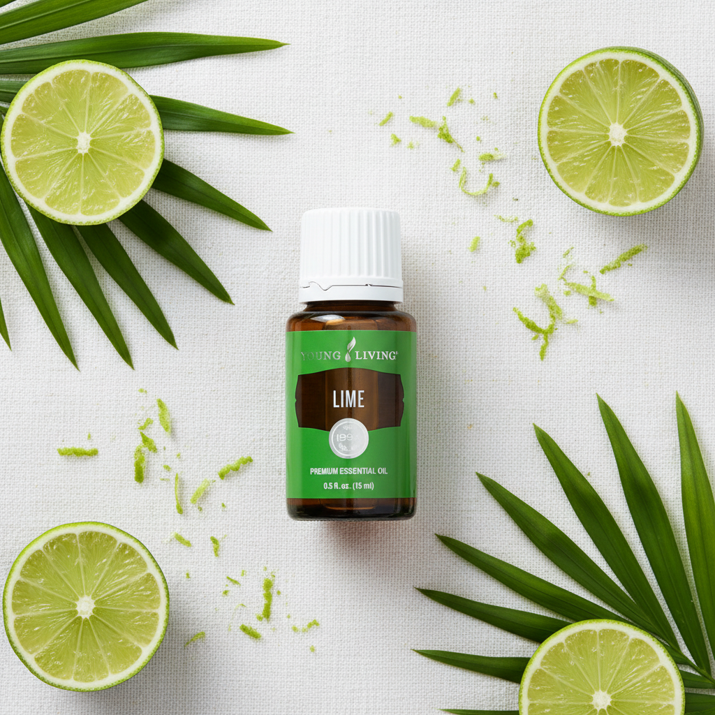 Lime essential oil flat lay on white linen with lime halves and tropical leaves