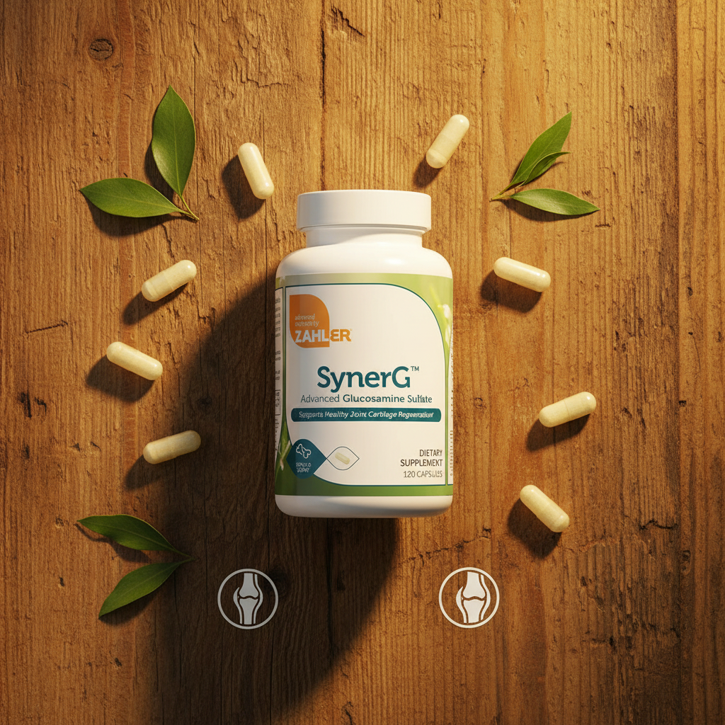 SynerG flat lay on rustic wood with capsules and leaves