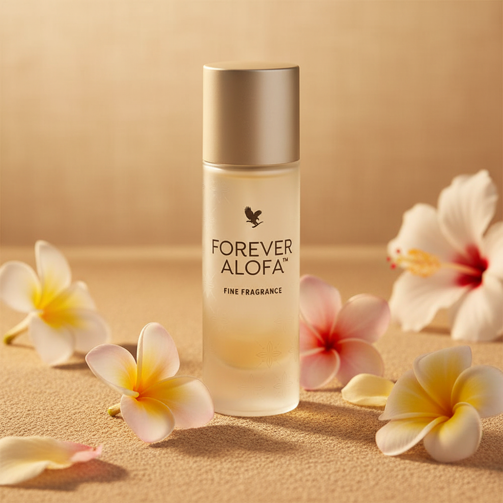 Forever Alofa Fine Fragrance on sandy beige with tropical flowers