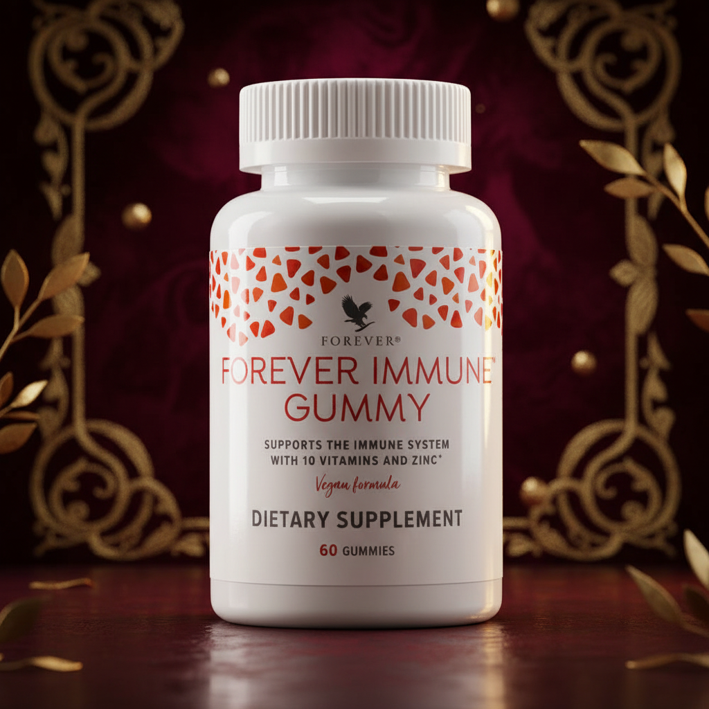 Forever Immune Gummy bottle on deep burgundy and gold background
