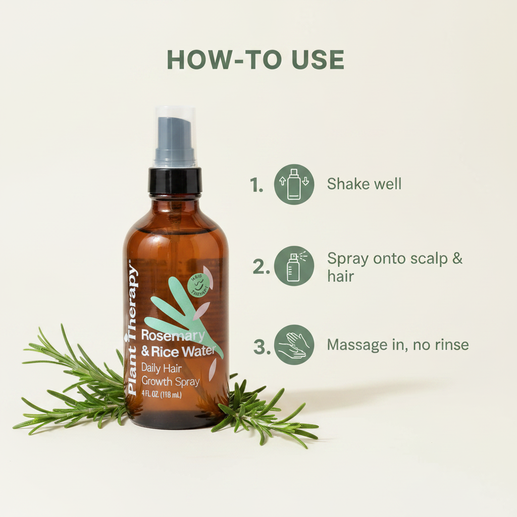 Rosemary & Rice Water hair spray how-to-use infographic