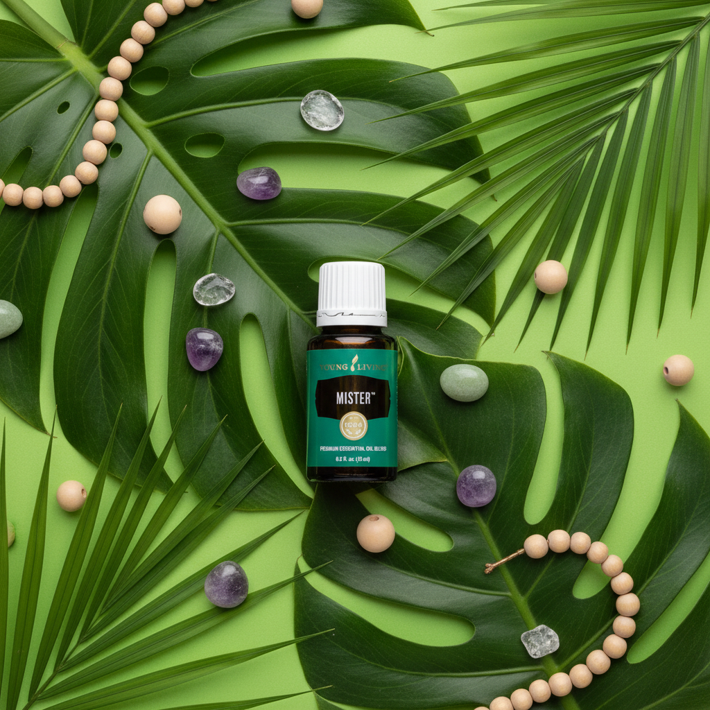 Mister Essential Oil flat lay on tropical leaves